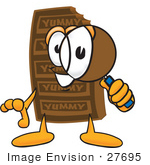 #27695 Clip Art Graphic Of A Chocolate Candy Bar Mascot Character Looking Through A Magnifying Glass