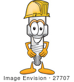 #27707 Clip Art Graphic Of A Spark Plug Mascot Character Wearing A Hardhat Helmet