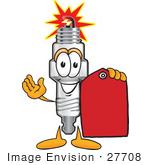 #27708 Clip Art Graphic Of A Spark Plug Mascot Character Holding A Red Sales Price Tag