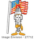 #27712 Clip Art Graphic Of A Spark Plug Mascot Character Pledging Allegiance To An American Flag