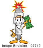 #27715 Clip Art Graphic Of A Spark Plug Mascot Character Holding A Dollar Bill