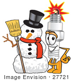 #27721 Clip Art Graphic Of A Spark Plug Mascot Character With A Snowman On Christmas