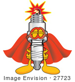 #27723 Clip Art Graphic Of A Spark Plug Mascot Character Dressed As A Super Hero
