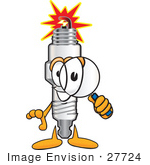 #27724 Clip Art Graphic Of A Spark Plug Mascot Character Looking Through A Magnifying Glass