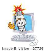 #27726 Clip Art Graphic Of A Spark Plug Mascot Character Waving From Inside A Computer Screen