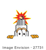 #27731 Clip Art Graphic Of A Spark Plug Mascot Character Peeking Over A Surface