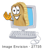 #27735 Clip Art Graphic Of A Scrub Brush Mascot Character Waving From Inside A Computer Screen