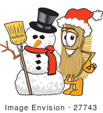 #27743 Clip Art Graphic Of A Scrub Brush Mascot Character Wearing A Santa Hat And Standing With A Snowman