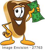 #27763 Clip Art Graphic Of A Beef Steak Meat Mascot Character Waving A Green Dollar Bill