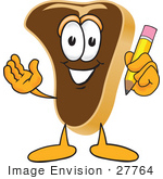 #27764 Clip Art Graphic Of A Beef Steak Meat Mascot Character Holding A Pencil