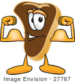 #27767 Clip Art Graphic Of A Beef Steak Meat Mascot Character Flexing His Strong Arm Muscles