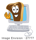 #27777 Clip Art Graphic Of A Beef Steak Meat Mascot Character Waving From Inside A Computer Screen