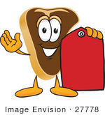 #27778 Clip Art Graphic Of A Beef Steak Meat Mascot Character Holding A Blank Red Sales Price Tag