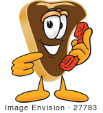 #27783 Clip Art Graphic Of A Beef Steak Meat Mascot Character Holding And Pointing To A Red Phone