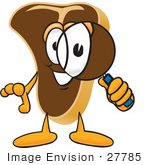#27785 Clip Art Graphic Of A Beef Steak Meat Mascot Character Looking Through A Magnifying Glass