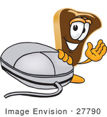 #27790 Clip Art Graphic Of A Beef Steak Meat Mascot Character Waving And Standing By A Computer Mouse