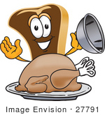 #27791 Clip Art Graphic Of A Beef Steak Meat Mascot Character Serving A Thanksgiving Turkey On A Platter