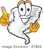 #27803 Clip Art Graphic Of A Tornado Mascot Character Holding A Pencil