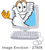 #27808 Clip Art Graphic Of A Tornado Mascot Character Waving From Inside A Computer Screen