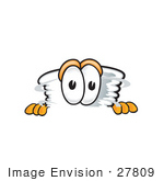 #27809 Clip Art Graphic Of A Tornado Mascot Character Peeking Over A Surface