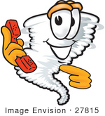 #27815 Clip Art Graphic Of A Tornado Mascot Character Holding A Phone