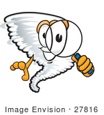 #27816 Clip Art Graphic Of A Tornado Mascot Character Looking Through A Magnifying Glass