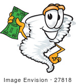 #27818 Clip Art Graphic Of A Tornado Mascot Character Holding A Dollar Bill
