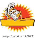#27829 Clip Art Graphic Of A White Chefs Hat Cartoon Character Over A Blank Yellow Label On A Logo