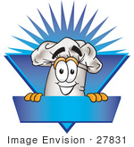 #27831 Clip Art Graphic Of A White Chefs Hat Cartoon Character Over A Blank Blue Label On A Logo