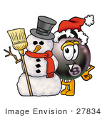 #27834 Clip Art Graphic Of A Bowling Ball Cartoon Character Wearing A Santa Hat And Standing With A Snowman