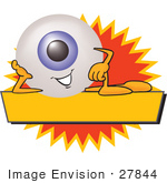 #27844 Clip Art Graphic Of A Blue Eyeball Cartoon Character Over A Blank Yellow Label