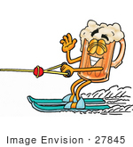 #27845 Clip Art Graphic Of A Frothy Mug Of Beer Or Soda Cartoon Character Waving While Passing By On Water Skis