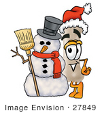 #27849 Clip Art Graphic Of A Bone Cartoon Character Wearing A Santa Hat And Standing By A Snowman