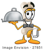 #27851 Clip Art Graphic Of A Bone Cartoon Character Serving A Dinner Platter While Waiting Tables