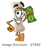 #27852 Clip Art Graphic Of A Bone Cartoon Character Waving A Green Dollar Bill