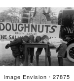 #27875 Stock Photo Of Four Boys With Their Hands Behind Their Backs Bending Over And Eating Donuts During A Doughnut Eating Contest On May 5th 1922