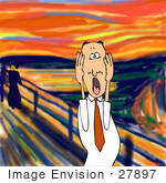 #27897 People Clipart Picture Of A Humorous Parody Of &Quot;The Scream&Quot; By Edvard Munch Showing A Caucasian Businessman Holding His Hands Up To His Cheeks And Screaming Because He’S Tired Of Office Problems Or His Nagging Wife