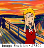 #27899 People Clipart Picture Of A Humorous Parody Of &Quot;The Scream&Quot; By Edvard Munch Showing A Caucasian Blond Business Woman Or Wife Holding Her Hands Up To Her Face And Screaming