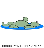 #27937 Clip Art Graphic Of A Friendly Relaxed Green Dinosaur Waving While Floating On His Back In Clear Blue Water