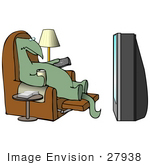 #27938 Clip Art Graphic Of An Old Green Dinosaur Using A Television Remote Control While Sitting In A Lazy Chair And Drinking Beer