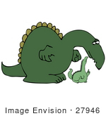 #27946 Clip Art Graphic Of A Green Mommy Dinosaur Leaning Down To Talk To Her Baby Dinosaur