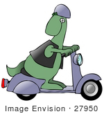 #27950 Clip Art Graphic Of A Green Dinosaur In A Purple Helmet And Black Vest Looking Back While Riding A Purple Scooter