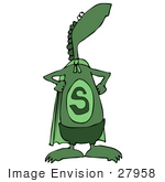 #27958 Clip Art Graphic Of A Super Green Dinosaur Heroine Wearing A Cape