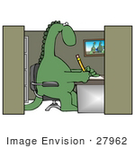 #27962 Clip Art Graphic Of A Green Dinosaur Working As An Employee At A Desk In An Office Cubicle