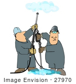 #27970 Clip Art Graphic Of Two Caucasian Men In Coveralls Operating Power Washer Nozzles And Working As A Team