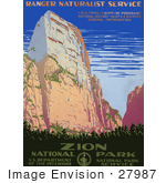#27987 Cliff Against Blue Sky At Zion National Park In Utah Vintage Travel Stock Illustration