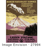 #27994 Manzanita Lake With A View Of Evergreen Trees And A Volcano Exploding In The Distance At Lassen Volcanic National Park California Travel Stock Illustration