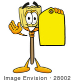 #28002 Clip Art Graphic Of A Straw Broom Cartoon Character Holding A Yellow Sales Price Tag