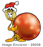 #28008 Clip Art Graphic Of A Straw Broom Cartoon Character Wearing A Santa Hat Standing With A Christmas Bauble