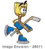 #28011 Clip Art Graphic Of A Straw Broom Cartoon Character Playing Ice Hockey